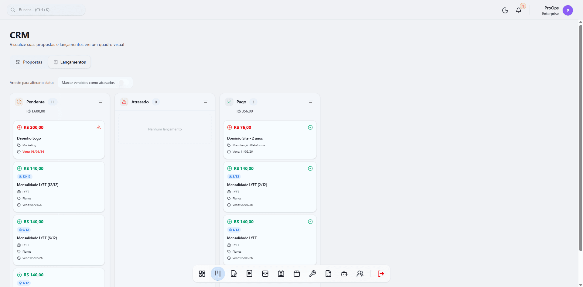 Kanban ProOps com pipeline operacional