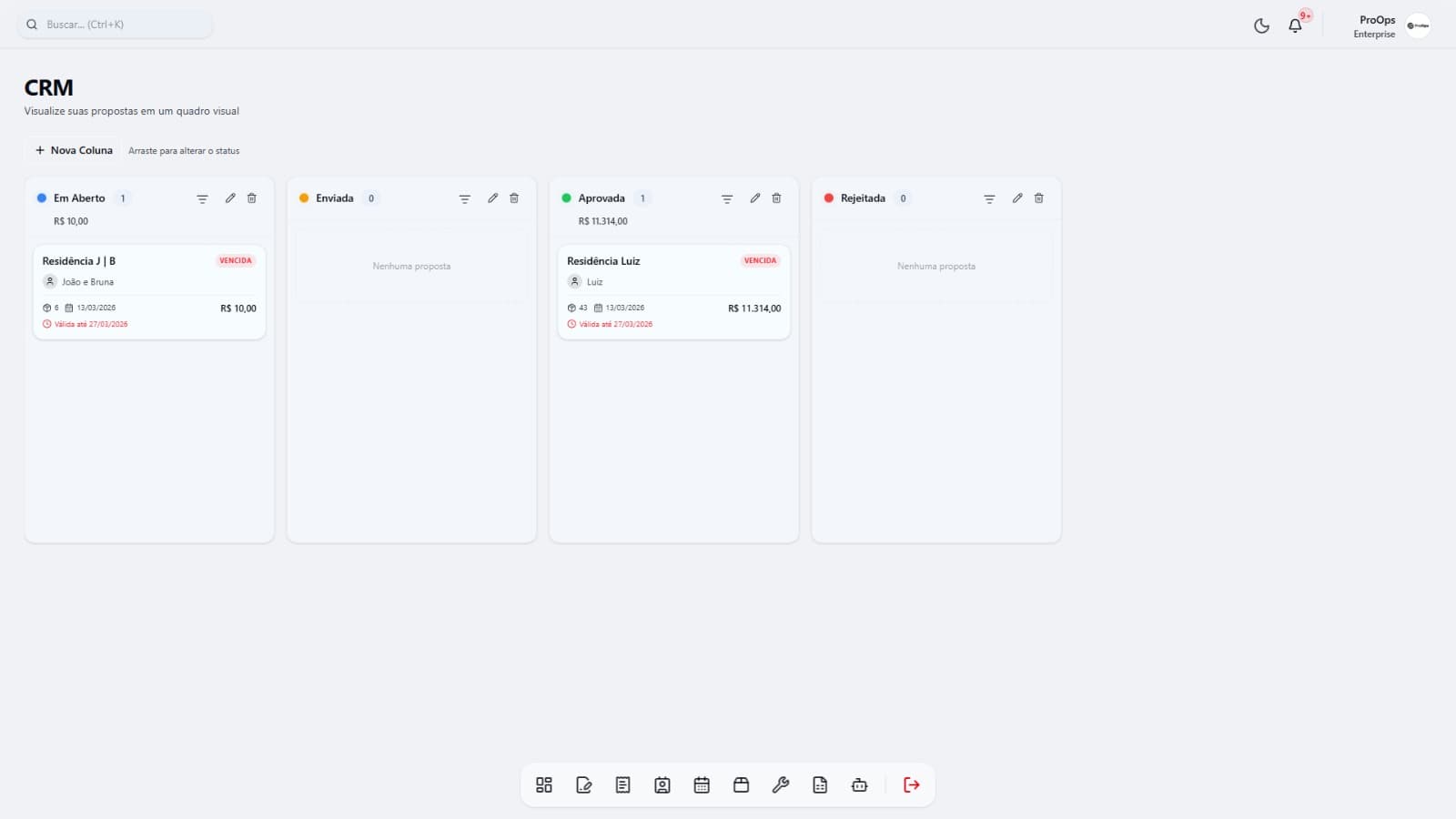 Quadro kanban para acompanhamento do funil comercial